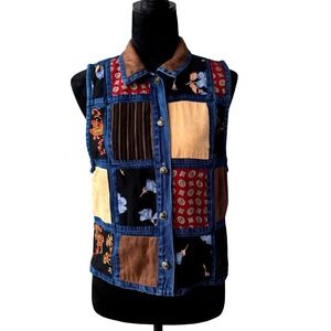 Signature by Jerell Patchwork Denim Vest Women's Size Small Collared Button Up